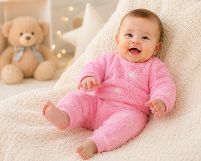 Bébé souriant en pyjama rose douillet