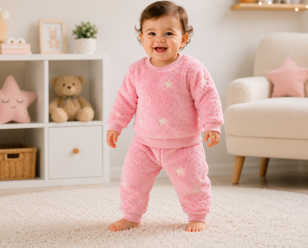 Bébé souriante en pyjama rose étoile