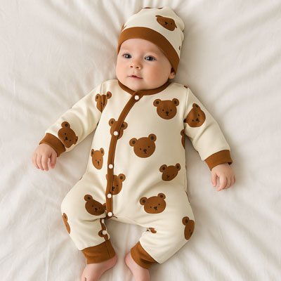 Pyjama bébé garçon crème motifs oursons marron bonnet assorti allongé drap blanc
