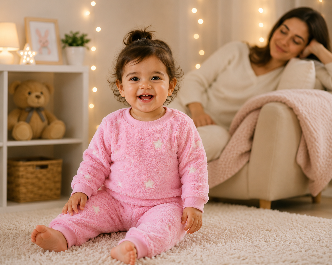 Toute petite en pyjama rose étoile