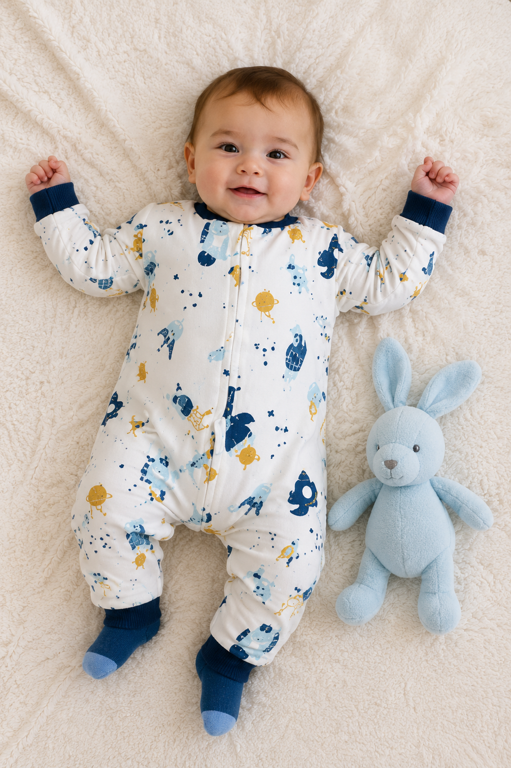 bébé souriant gigoteuse blanche motifs colores
