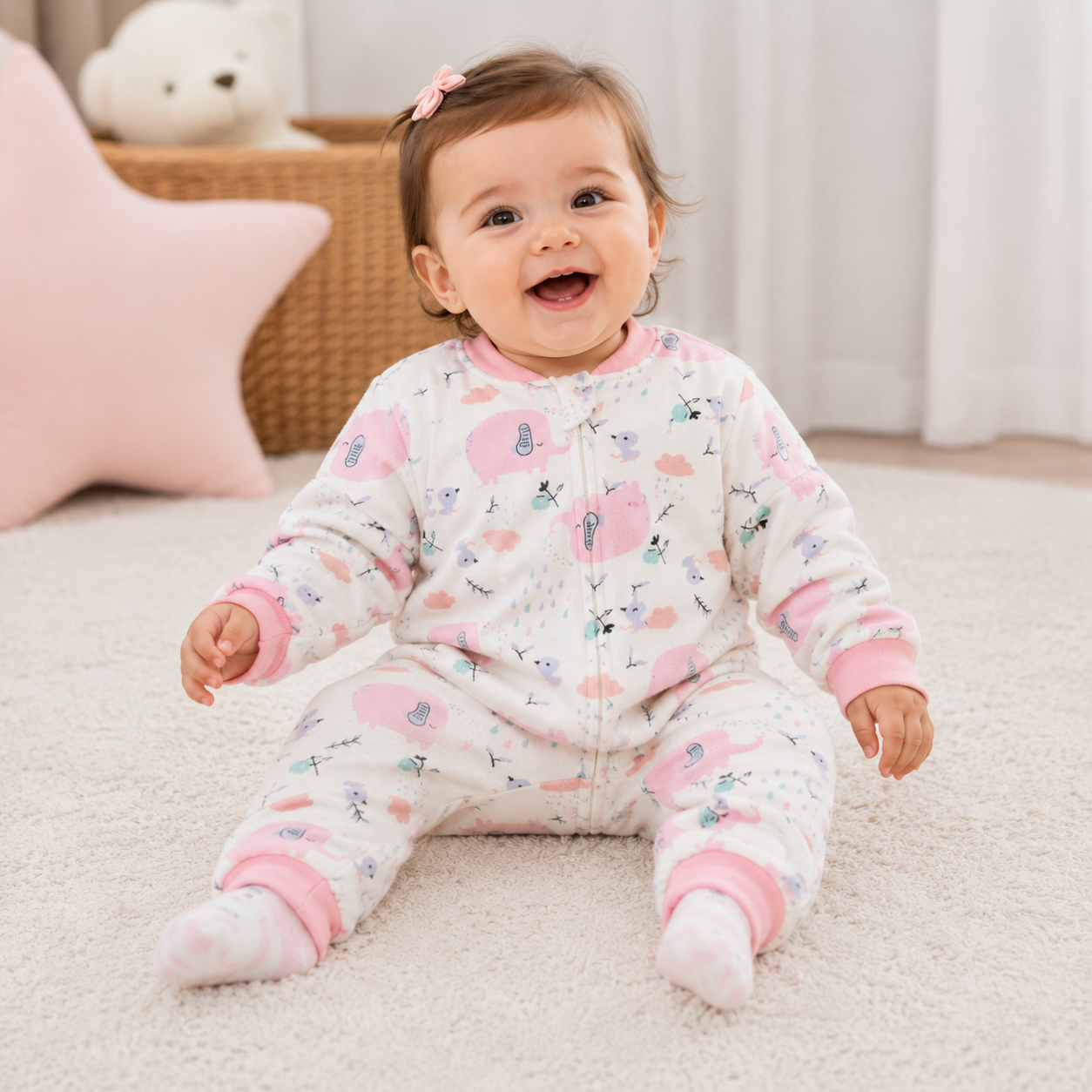 bébé souriante assise tapis gigoteuse blanche motifs roses