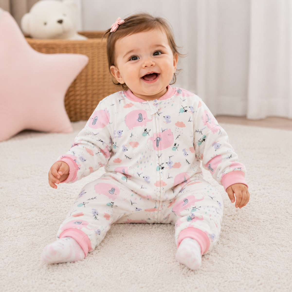 bébé souriante assise tapis gigoteuse blanche motifs roses