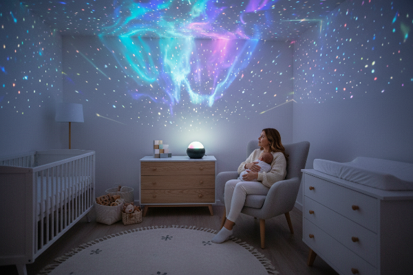 Parent et bébé admirant la projection galaxie du projecteur veilleuse