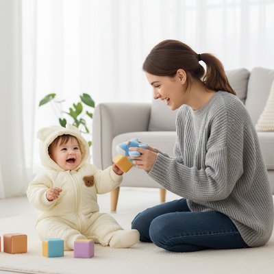 Maman jouant bébé vêtu gigoteuse capuche