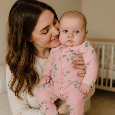 Pyjama bebe rose motifs maman tenant dans bras