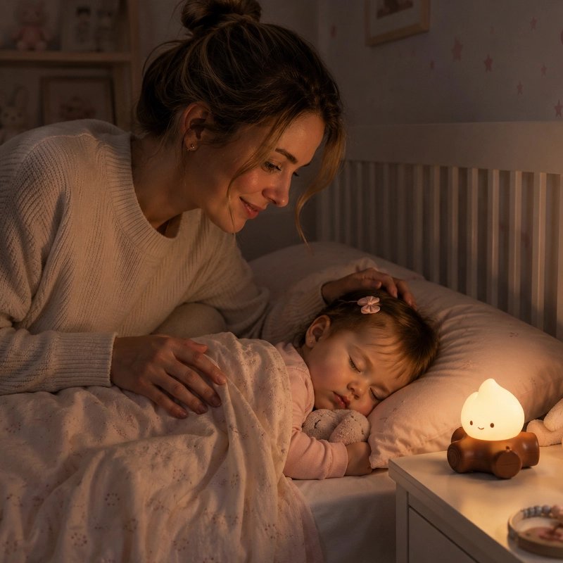 Veilleuse bruit blanc maman souriante veillant bébé endormi